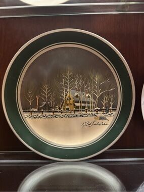 Bob Timberlake Winter Cabin Collector Plate with Green Border “First Light”
